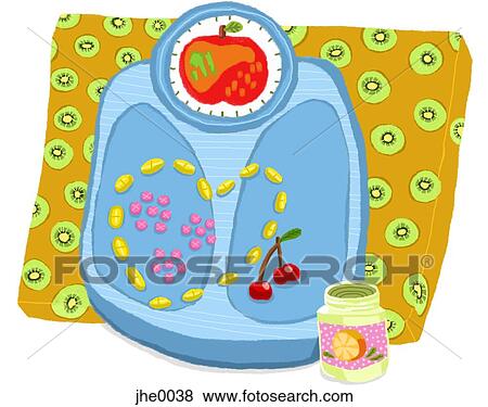 Stock Illustration - A scale with fruits and vitamins. Fotosearch