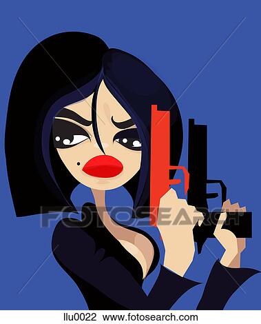 Drawing - A sexy woman holding two guns. Fotosearch
