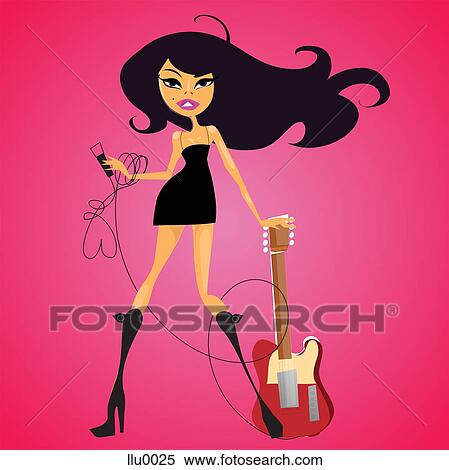 A sexy woman in a mini dress with a microphone and electric guitar View Large Illustration Stock Illustration - A sexy woman in a mini dress with a microphone and electric guitar. Fotosearch