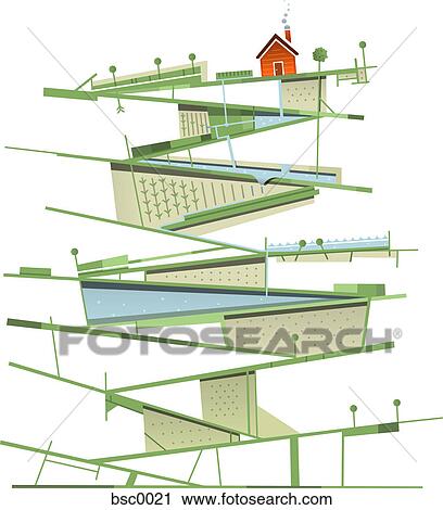 Clip Art - A small house on the top of a teetering structure of agricultural land. Fotosearch