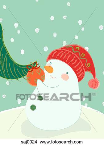 A snowman hanging an ornament on a tree View Large Illustration Stock Illustration - A snowman hanging an ornament on a tree. Fotosearch