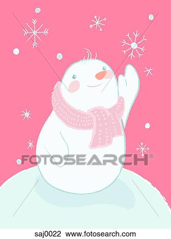 Drawing - A snowman reaching for a falling snowflake. Fotosearch