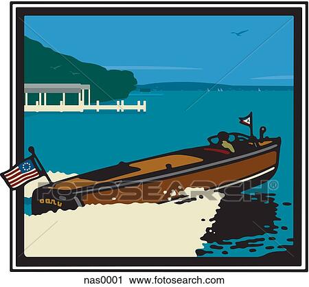 Clip Art - A speed boat with a Betsy Ross American flag. Fotosearch