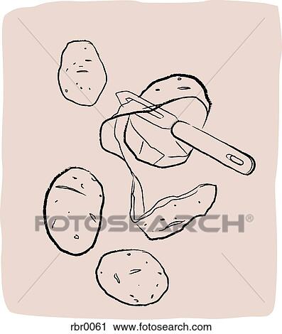 Clip Art - A textured line drawing of potatoes being peeled. Fotosearch