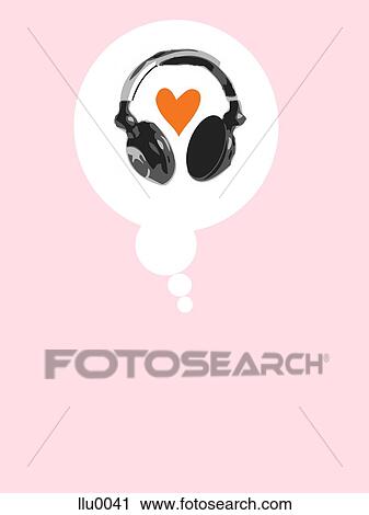 Clip Art - A thought bubble with a heart and headphones. Fotosearch