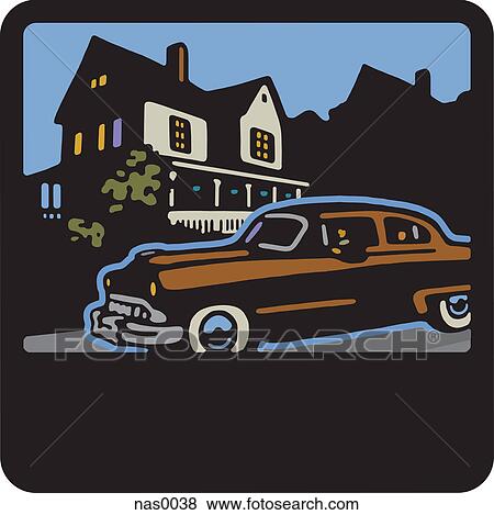 A vintage car in front of a house View Large Illustration Stock Illustration - A vintage car in front of a house. Fotosearch
