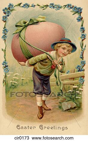 Drawing - A vintage Easter postcard of a boy with a large Easter egg on his back. Fotosearch
