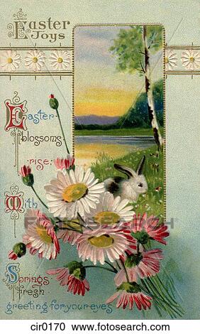 A vintage Easter postcard of a bunny in a field and spring flowers View Large Illustration Clipart - A vintage Easter postcard of a bunny in a field and spring flowers. Fotosearch