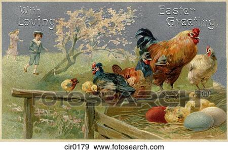 A vintage Easter postcard of chickens and Easter eggs View Large Illustration Stock Illustration - A vintage Easter postcard of chickens and Easter eggs. Fotosearch