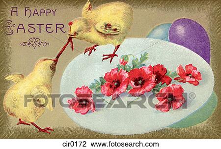 Drawing - A vintage Easter postcard of two chicks fighting over a worm, poppies and balloons. Fotosearch