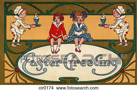 vintage  Easter postcard with two little girls