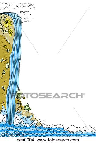 Stock Illustration - A waterfall over a cliffs edge. Fotosearch