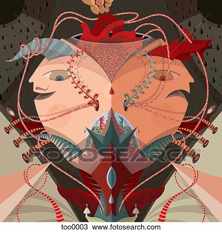 A whimsical fantasy illustration of a heart pumping blood into two people View Large Illustration Drawing - A whimsical fantasy illustration of a heart pumping blood into two people. Fotosearch