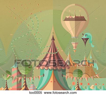 A whimsical fantasy landscape with circus tents View Large Illustration Stock Illustration - A whimsical fantasy landscape with circus tents. Fotosearch