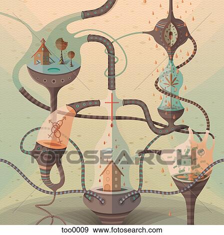 Stock Illustration - A whimsical fantasy machine filled with house, church, money and sex. Fotosearch