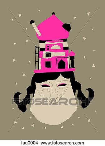 Stock Illustration - A whimsical illustration of a woman with a building on her head. Fotosearch