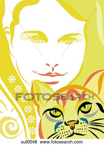 A woman and a cat View Large Illustration Stock Illustration - A woman and a cat. Fotosearch