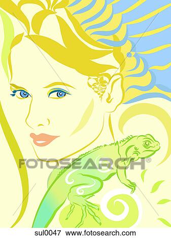 A woman and a lizard View Large Illustration Stock Illustration - A woman and a lizard. Fotosearch