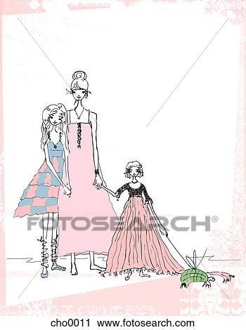 Clip Art - A woman and two girls in party dresses. Fotosearch