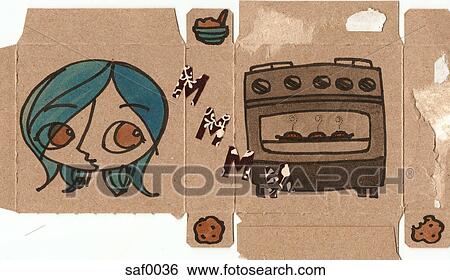 Stock Illustration - A woman baking cookies illustrated on an open package. Fotosearch