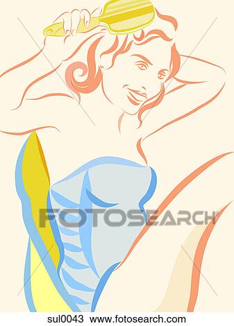A woman brushing her hair in a chair View Large Illustration Drawing - A woman brushing her hair in a chair. Fotosearch