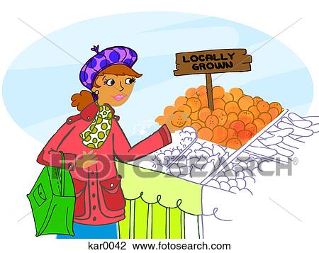 Drawing - A woman buying locally grown produce. Fotosearch