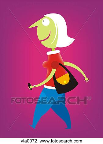 A woman carrying a cell phone and a handbag under her arm View Large Illustration Drawing - A woman carrying a cell phone and a handbag under her arm. Fotosearch