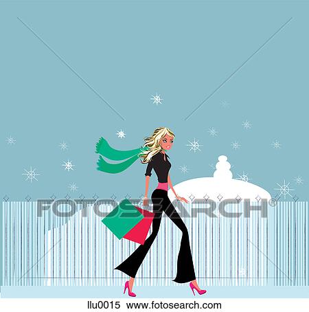 A woman carrying shopping bags and a winter snow scene behind View Large Illustration Stock Illustration - A woman carrying shopping bags and a winter snow scene behind. Fotosearch