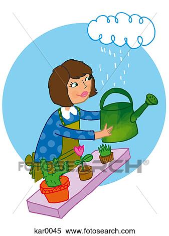 A woman collecting rain water for her plants View Large Illustration Stock Illustration - A woman collecting rain water for her plants. Fotosearch