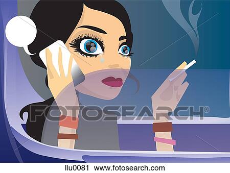 Clip Art - A woman crying and smoking in the back seat of a car while talking on a cell phone. Fotosearch