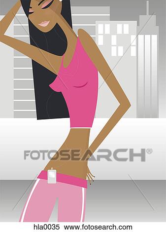 Stock Illustration - A woman dancing and listening to a portable music device. Fotosearch