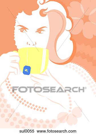 Stock Illustration - A woman drinking from a cup of tea. Fotosearch