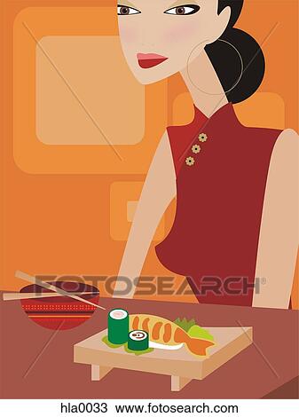 Drawing - A woman eating sushi. Fotosearch