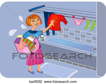 Drawing - A woman hanging her clothes to air dry. Fotosearch
