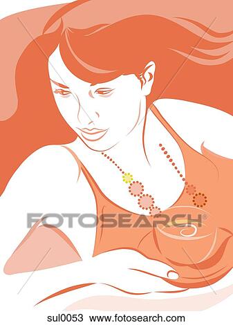 Drawing - A woman having a cup of coffee. Fotosearch