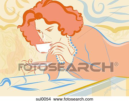 A woman having a cup of tea while reading View Large Illustration Stock Illustration - A woman having a cup of tea while reading. Fotosearch