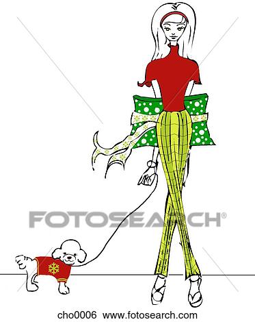 A woman holding a Christmas present and taking her dog for a walk View Large Illustration Stock Illustration - A woman holding a Christmas present and taking her dog for a walk. Fotosearch