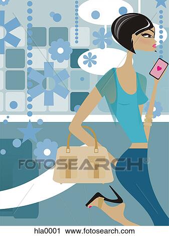 Clip Art - A woman holding a handbag and cell phone. Fotosearch