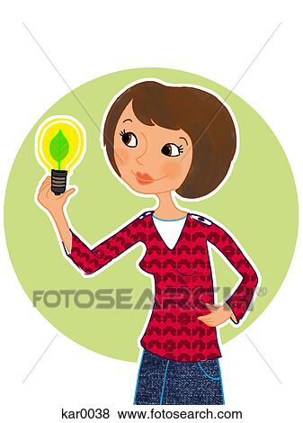 Stock Illustration - A woman holding an environmentally friendly light bulb. Fotosearch