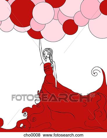A woman in a flowy red dress holding onto a bunch of balloons View Large Illustration Stock Illustration - A woman in a flowy red dress holding onto a bunch of balloons. Fotosearch