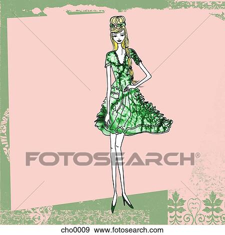 A woman in a green dress on a pink and green background View Large Illustration Stock Illustration - A woman in a green dress on a pink and green background. Fotosearch