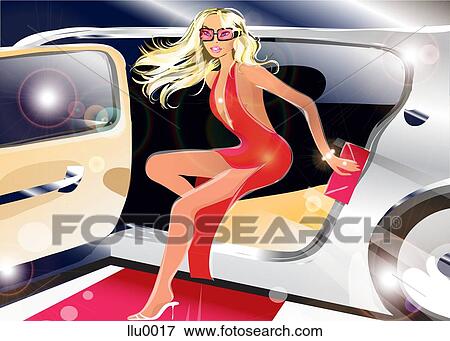 Stock Illustration - A woman in a sexy red dress getting out of a limousine. Fotosearch
