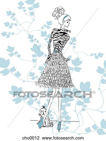 Drawing - A woman in a zebra print dress with a small dog. Fotosearch