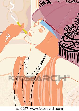 A woman in vintage clothing smoking View Large Illustration Stock Illustration - A woman in vintage clothing smoking. Fotosearch