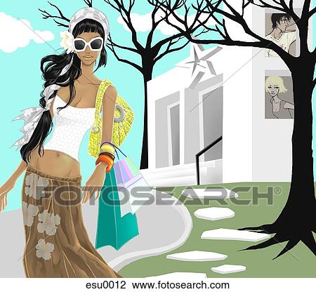 Drawing - A woman leaving a department store with shopping bags on her arm. Fotosearch