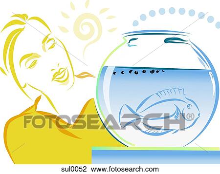 A woman looking at a fish in a fishbowl View Large Illustration Drawing - A woman looking at a fish in a fishbowl. Fotosearch