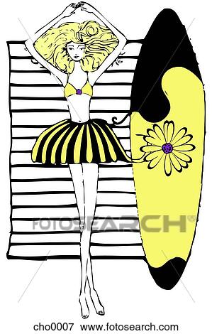 Stock Illustration - A woman lying on a beach towel with her surfboard. Fotosearch