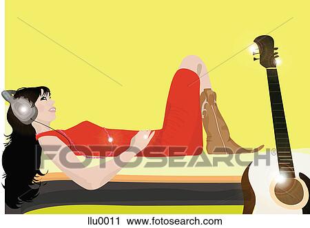 Clip Art - A woman lying on a bed listening to music with headphones and a guitar. Fotosearch