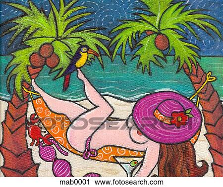 Clip Art - A woman lying topless in a hammock at a beach. Fotosearch