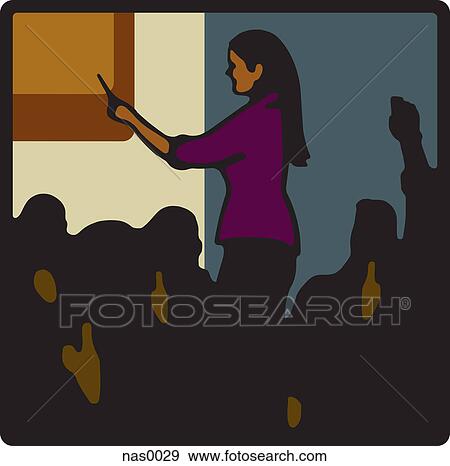 Stock Illustration - A woman pointing at a board in front of a crowd. Fotosearch
